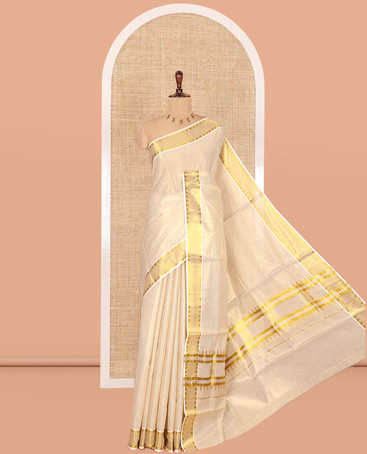 Gold Plain Kerala Tissue Saree, Gleaming Zari Temple Border, Zari Striped, and a Matching Blouse