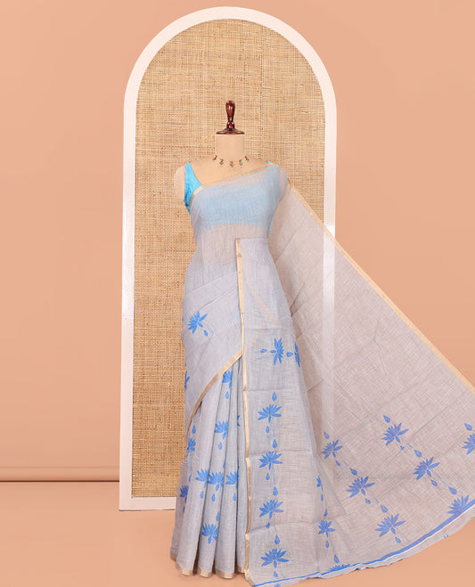 Borderless Grey Linen Cotton Saree Features Lotus Print, a Self-Pallu, and a Matching Blouse