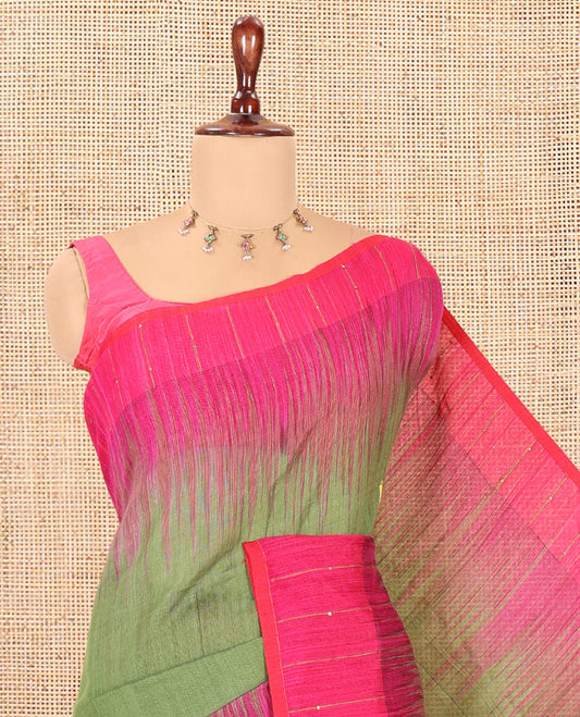 Olive Green-Pink Khadi Cotton Saree, Subtly Woven with Buttas, Contrast Sequins Striped Blouse, Contrast Blouse