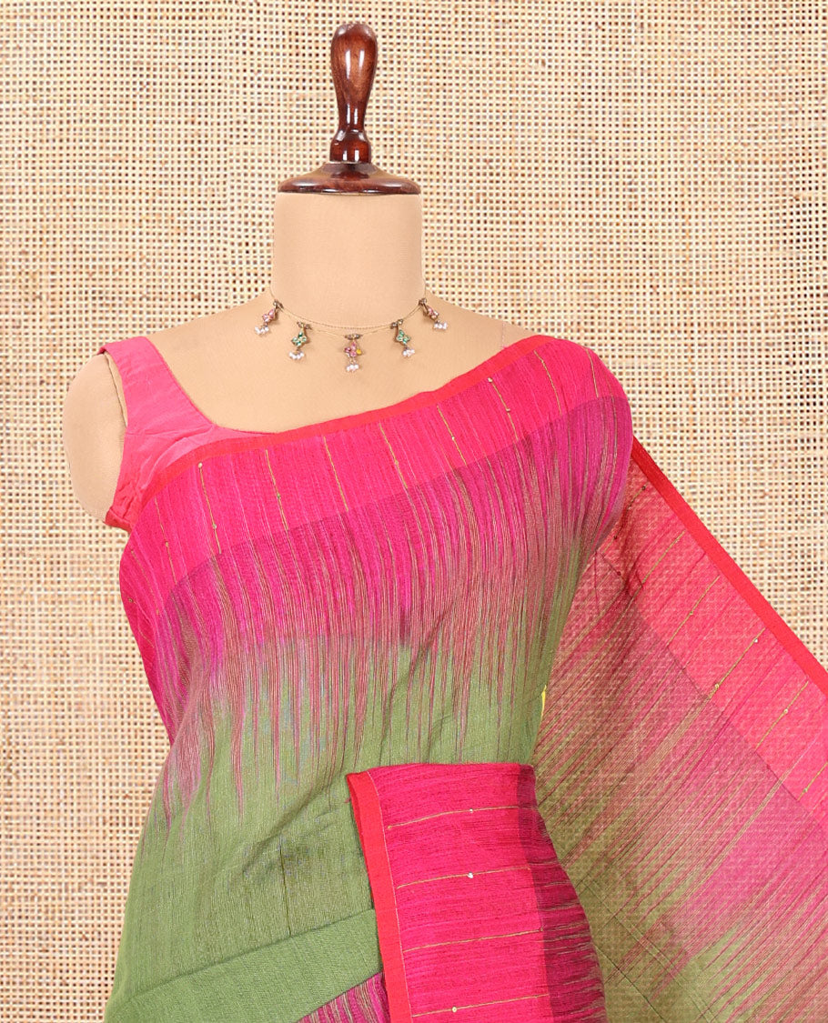 Olive Green-Pink Khadi Cotton Saree, Subtly Woven with Buttas, Contrast Sequins Striped Blouse, Contrast Blouse