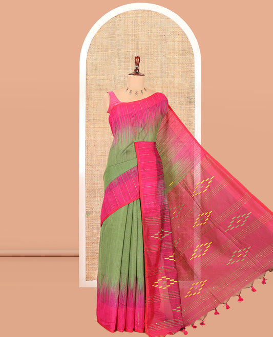 Olive Green-Pink Khadi Cotton Saree, Subtly Woven with Buttas, Contrast Sequins Striped Blouse, Contrast Blouse