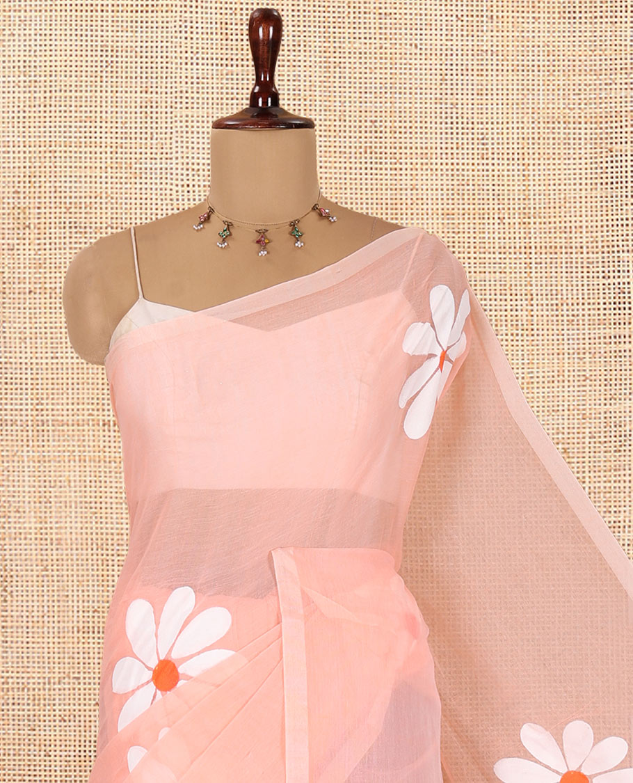 Borderless Peach Daisy Flower Printed Khadi Mul Cotton Saree Without Blouse