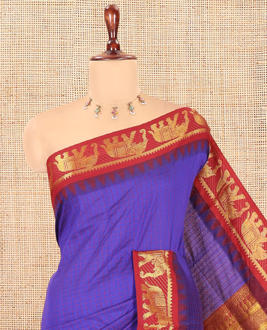 Royal Blue Checked Kalyani Cotton Saree, a Contrast Temple Elephant Motif Border, Grand Jaal Pallu, and a Contrast Blouse
