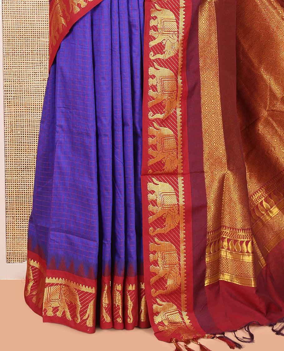 Royal Blue Checked Kalyani Cotton Saree, a Contrast Temple Elephant Motif Border, Grand Jaal Pallu, and a Contrast Blouse