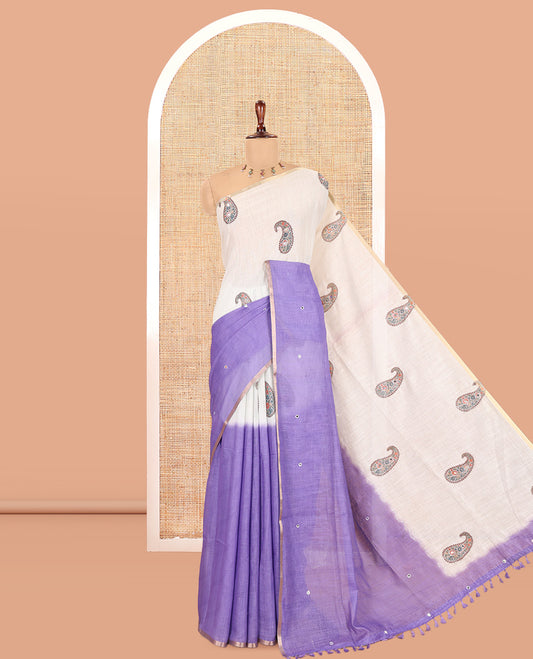 Cream-Purple Linen Cotton Saree Features Paisley Butta and Mirror Work, a Piping Border, a Self-Pallu, a Contrast Blouse
