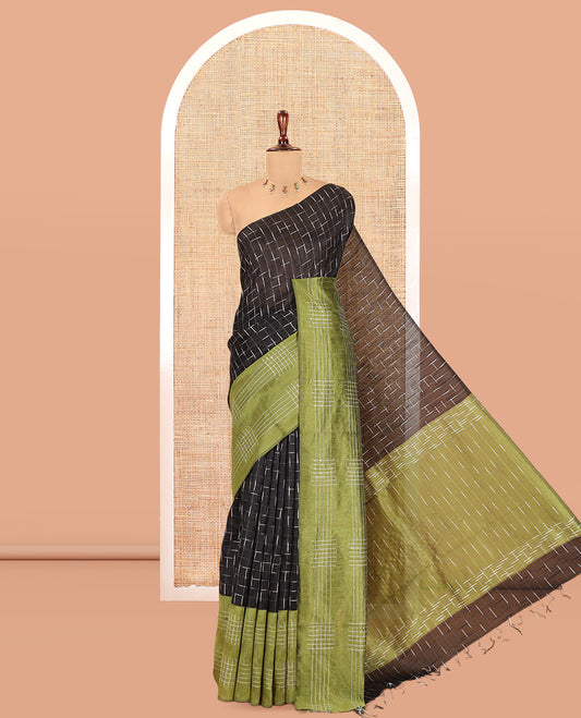 Black Semi-Raw Silk Saree Features Maze-Like Checks, a Contrast Checked Border, Striped Pallu, and a Contrast Blouse