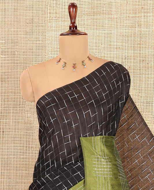 Black Semi-Raw Silk Saree Features Maze-Like Checks, a Contrast Checked Border, Striped Pallu, and a Contrast Blouse