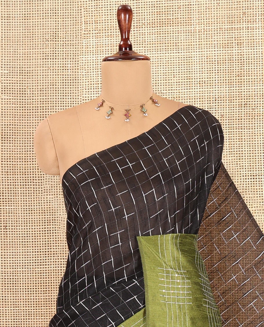 Black Semi-Raw Silk Saree Features Maze-Like Checks, a Contrast Checked Border, Striped Pallu, and a Contrast Blouse