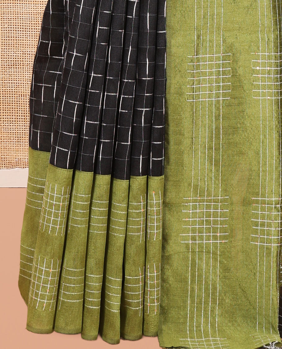 Black Semi-Raw Silk Saree Features Maze-Like Checks, a Contrast Checked Border, Striped Pallu, and a Contrast Blouse