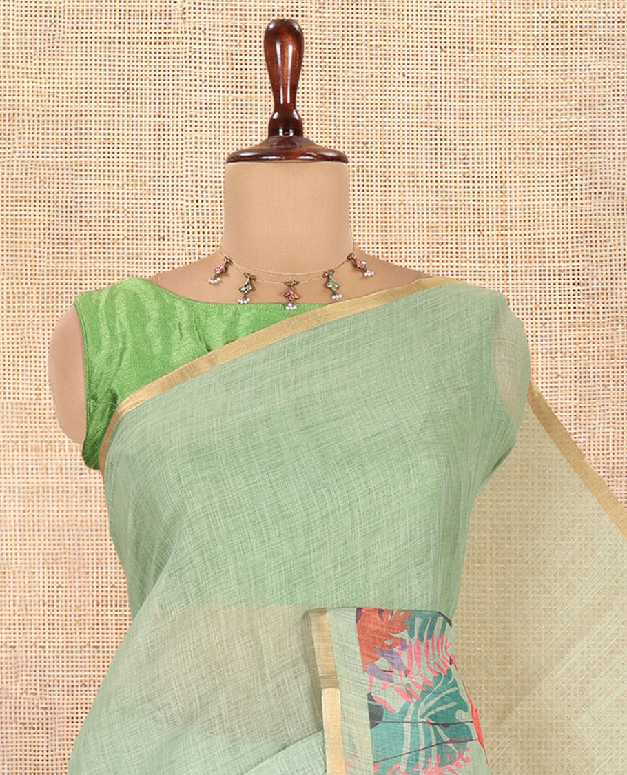 Pista Green Plain Linen Cotton Saree