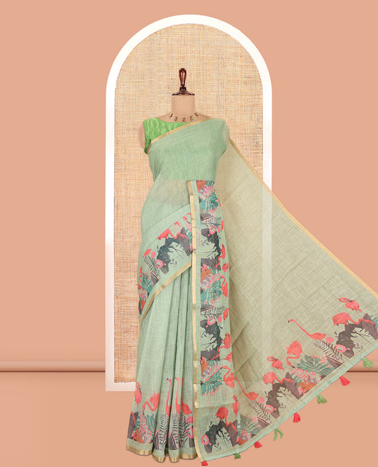 Pista Green Plain Linen Cotton Saree