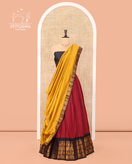 Maroon and Black Plain Sungudi Cotton Half-saree, Complemented by Captivating Contrast Traditional Zari Border of Temple, Peacock, and Elephant Designs, Paired with a Contrast Zari Checked Blouse, and Comes with a Zari-Bordered Vichitra Silk Dhavani