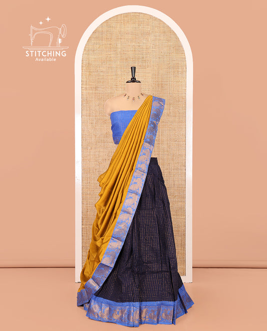 Navy Blue-Blue Sungudi Cotton Half-Saree Set Features Zari-Checks Skirt, Contrast Peacock Zari Border, Contrast Blouse, and Contrast Syska Georgette Dupatta