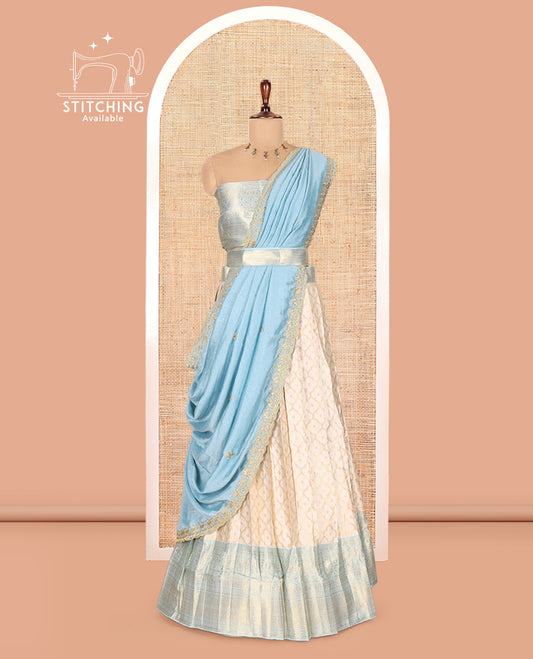 Cream-Sea Blue Semi-Silk Half-Saree