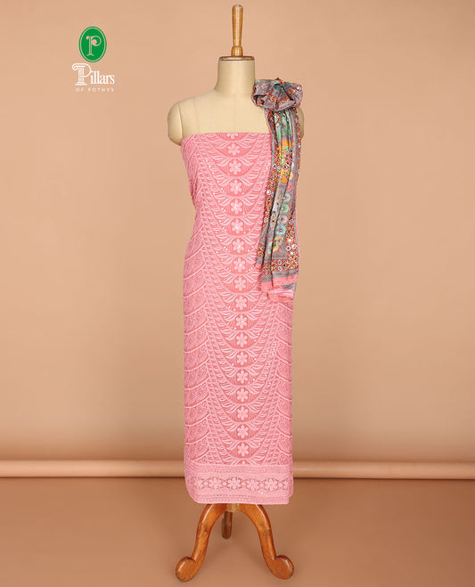 Dusty peach shifli , sequins work, floral design georgette chudidhar material top with american crepe pant & chinnon material diagital print, mirror work dupatta
