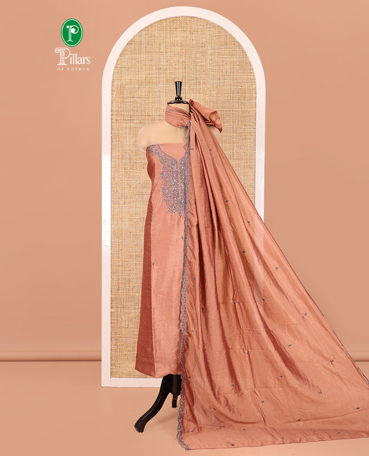 Onion Pink Vichitra Silk Material Chudidar Set, Adorned with Embroidered Top, a Plain Santoon Bottom, and Paired with a Matching Vichitra Silk Embroidered Scallop Dupatta