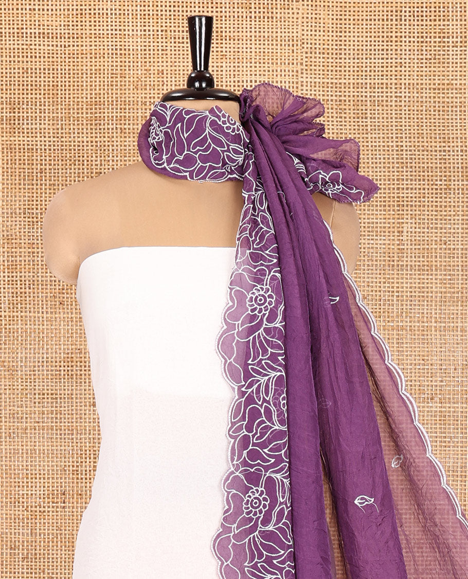 Cream-Lavender Organza Material Chudidar, Floral Thread Embroidery Top, Contrast Bottom, and Embroidered Scallop Dupatta