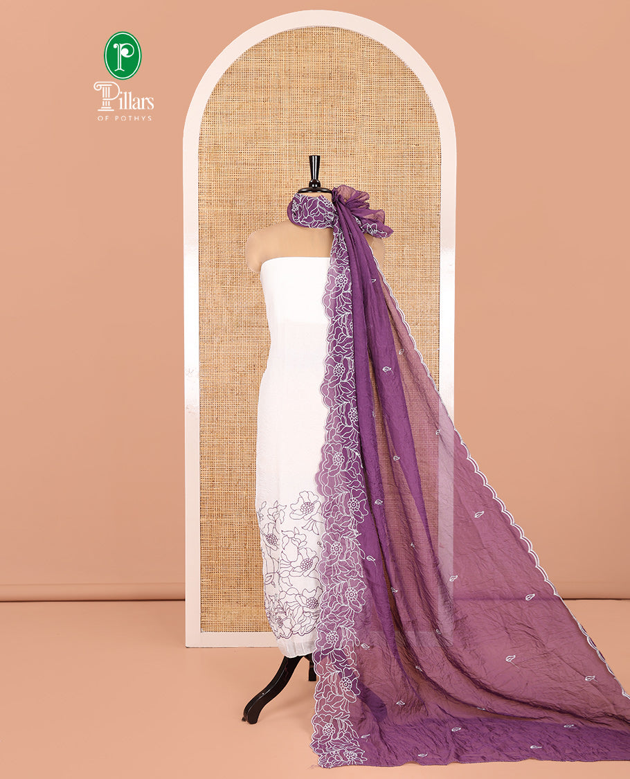 Cream-Lavender Organza Material Chudidar, Floral Thread Embroidery Top, Contrast Bottom, and Embroidered Scallop Dupatta
