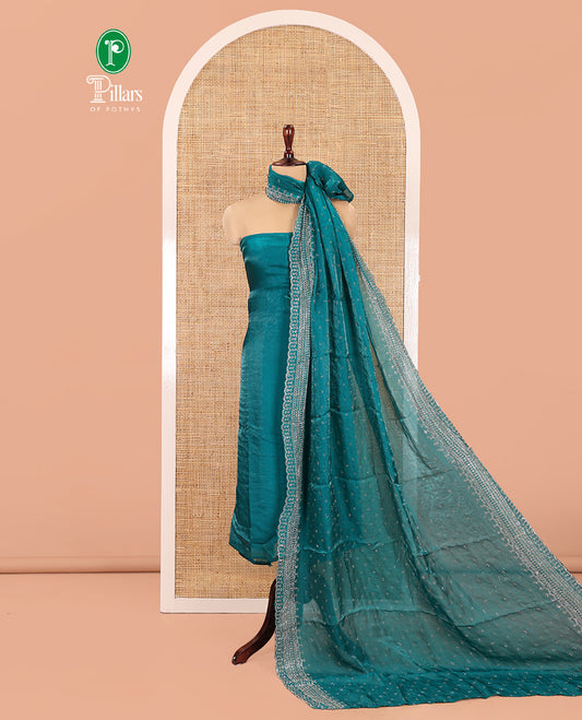 Rama Green Fendi Organza Material Chudidar Fetaures Pom-Pom-Neckline Top, Plain Bottom, and Scallop Embroidered Dupatta