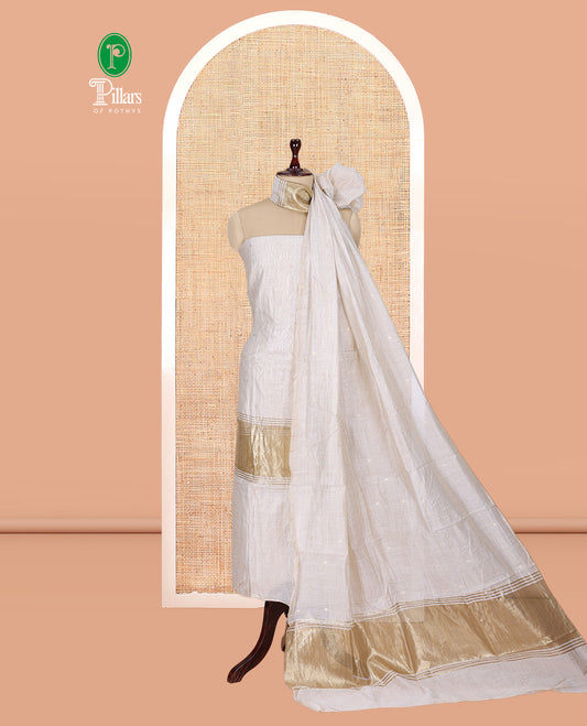 Cream Banarasi Chanderi Material Churidar Subtly Sparkled with Buttas Top, a Plain Bottom, and a Matching Dupatta
