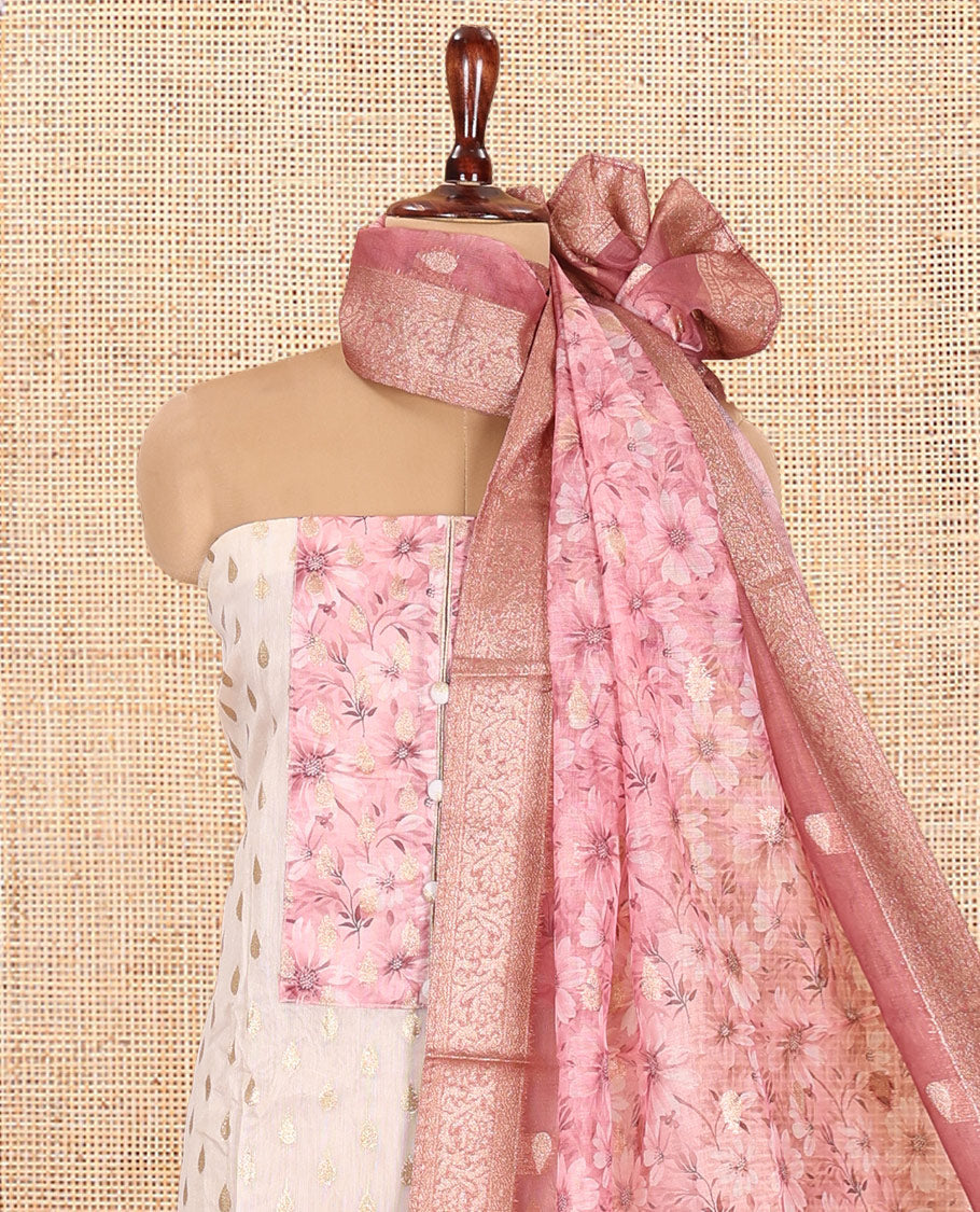 Cream-Pink Banarasi Tissue Chanderi Material Chudidar, Buttas Top, Contrast Bottom, Floral Print Dupatta