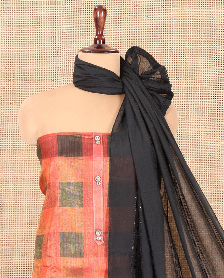 Multi-Color Shimmer Tissue Material Churidar, Spotlighted with Madras Checks Neckwork Top, a Contrast Bottom, Sequins Striped Dupatta