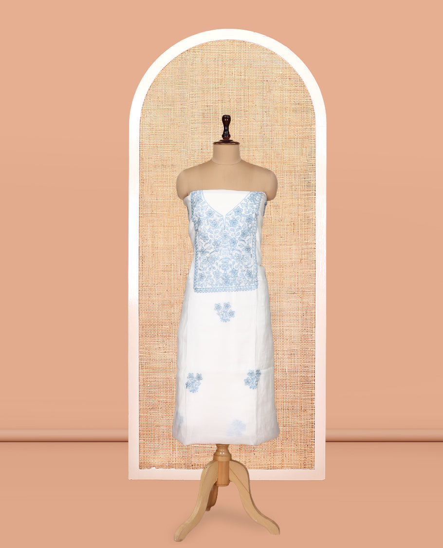 White Mul Chanderi Material Churidar, Floral Embroidered Top, a Plain Bottom, a Floral Embroidered Scallop Dupatta