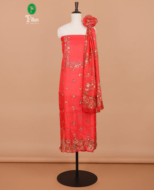 Red floral print, stone, mirror work organza chudidhar material top with santoon material pant & floral print, mirror work dupatta