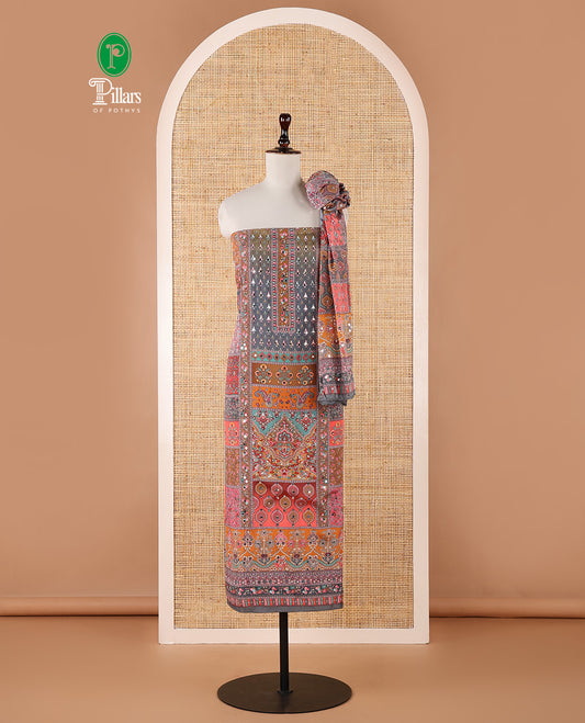 Grey chudidar material set, geometric printed with mirror work crepe top, geometric printed & mirror work kaleidoscopic-colored chinon dupatta & plain crepe bottom