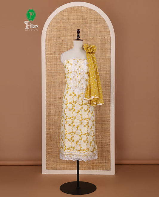 Mustard cotton chudidar material set,floral print with daman floral neck embroidery top,plain bottom & floral jaal embroidery dupatta