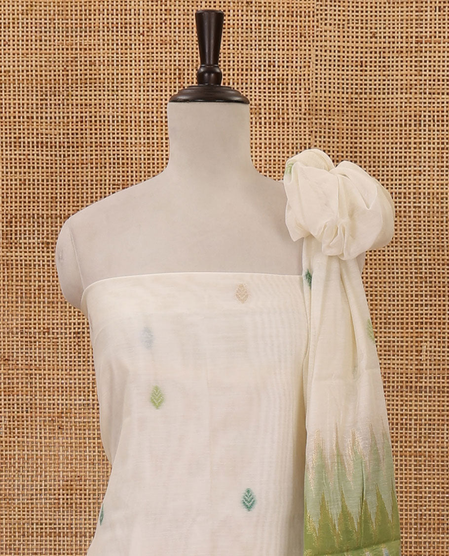 Green material chudidar set,meena butta & ombre zig-zag print mul chanderi top,plain bottom & mul chanderi dupatta of meena butta & ombre zig-zag print