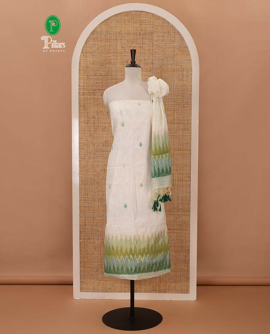 Green material chudidar set,meena butta & ombre zig-zag print mul chanderi top,plain bottom & mul chanderi dupatta of meena butta & ombre zig-zag print