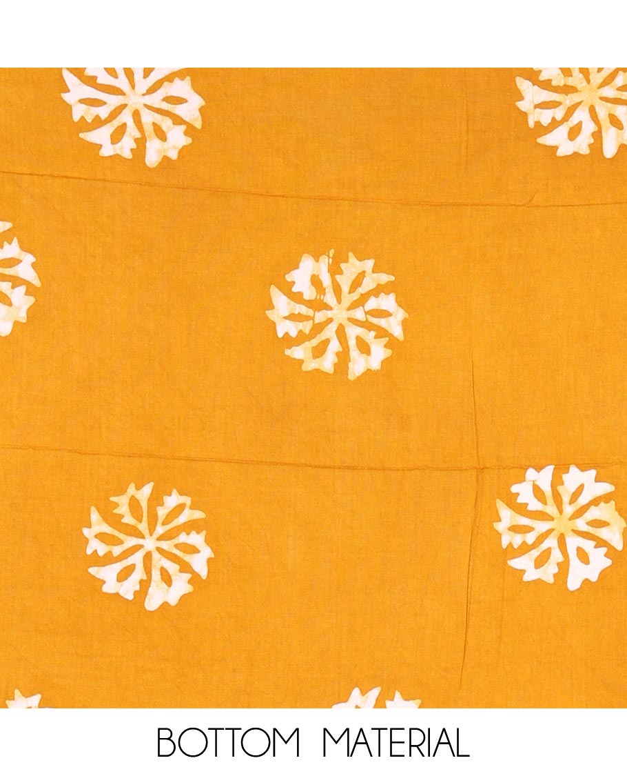 Mango yellow material chudidar set, floral vine batik printed gajji silk top, batik printed rayon bottom, and a batik printed gajji silk dupatta