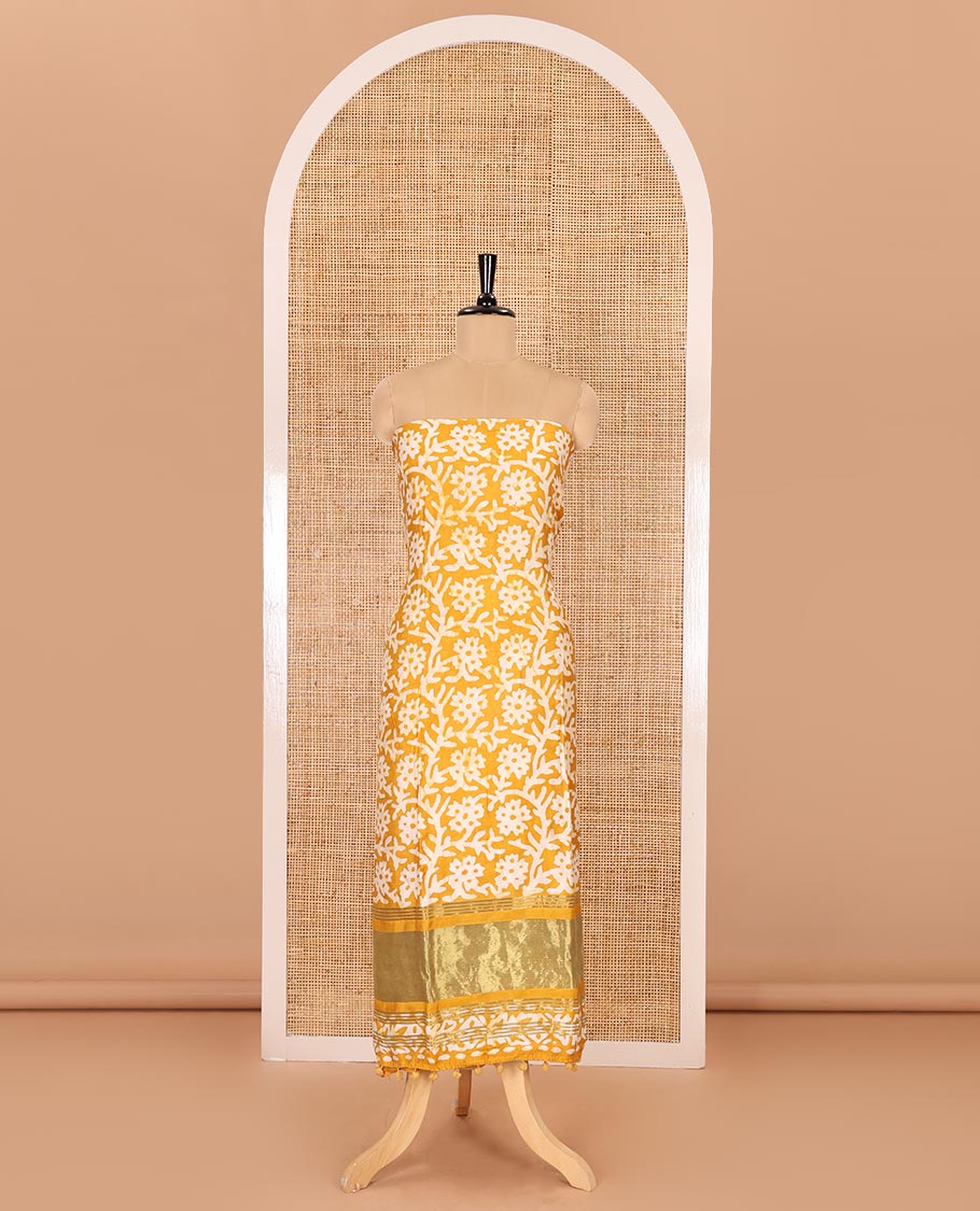 Mango yellow material chudidar set, floral vine batik printed gajji silk top, batik printed rayon bottom, and a batik printed gajji silk dupatta