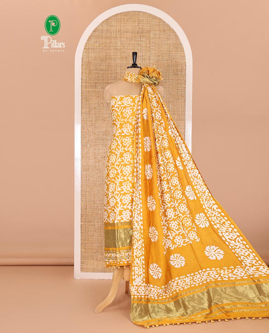 Mango yellow material chudidar set, floral vine batik printed gajji silk top, batik printed rayon bottom, and a batik printed gajji silk dupatta