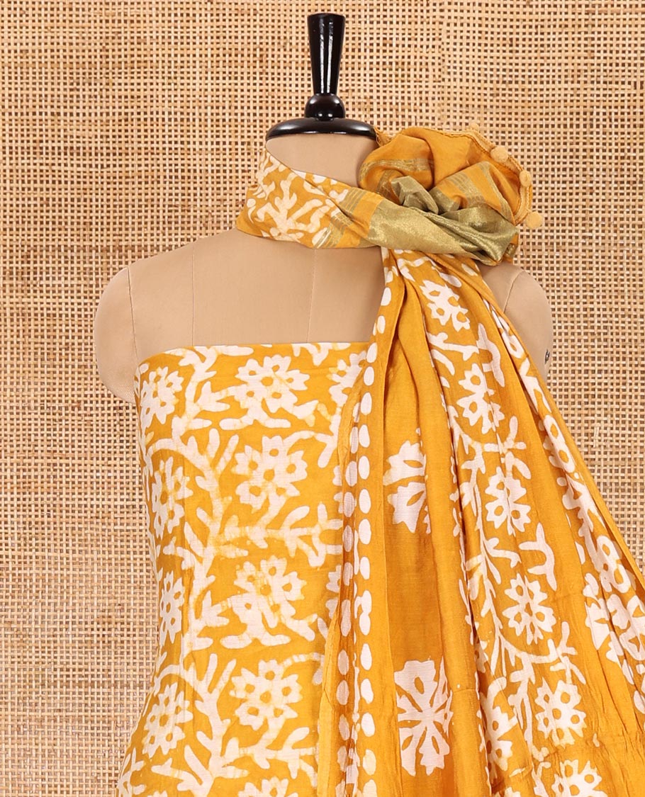 Mango yellow material chudidar set, floral vine batik printed gajji silk top, batik printed rayon bottom, and a batik printed gajji silk dupatta