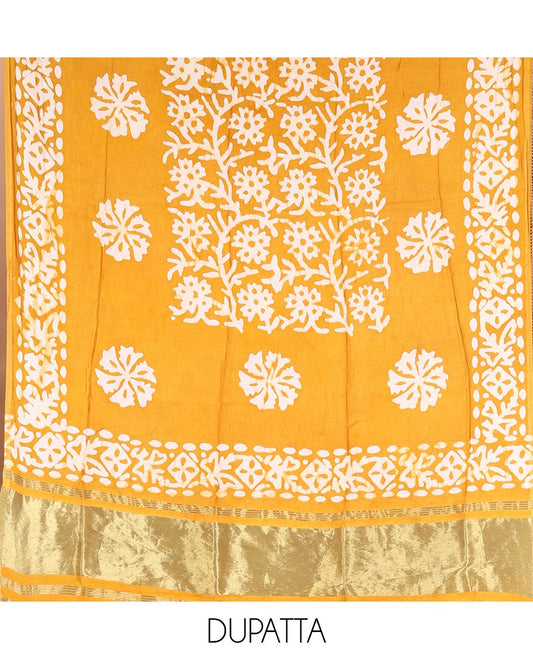 Mango yellow material chudidar set, floral vine batik printed gajji silk top, batik printed rayon bottom, and a batik printed gajji silk dupatta