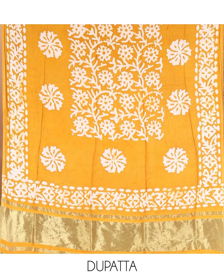 Mango yellow material chudidar set, floral vine batik printed gajji silk top, batik printed rayon bottom, and a batik printed gajji silk dupatta