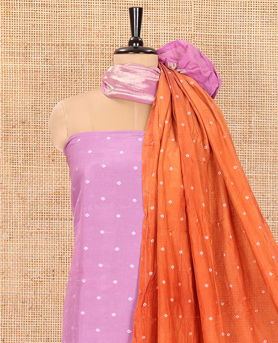 Pink and Orange Semi-Silk Material Churidar Set, Accentuated with Bandhani Dots Print, Comes with a Plain Santoon Bottom, and Paired with a Double-Colored Dupatta of Bandhani Dots Print