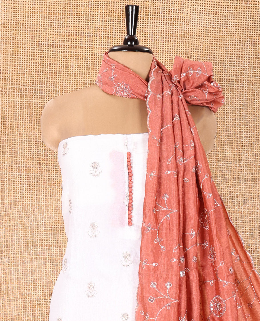 Cream with Dark Peach Vichitra Silk Material Chudidar Set, Elevated with Gold Zari Buttas On Its Top, a Plain Santoon Bottom, and Comes with a Floral Vine Sequins Embroidered Dupatta