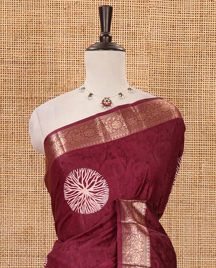 Jamun pink shibori printed fancy tussar saree, traditional zari border, shibori printed pallu & matching printed blouse with zari border