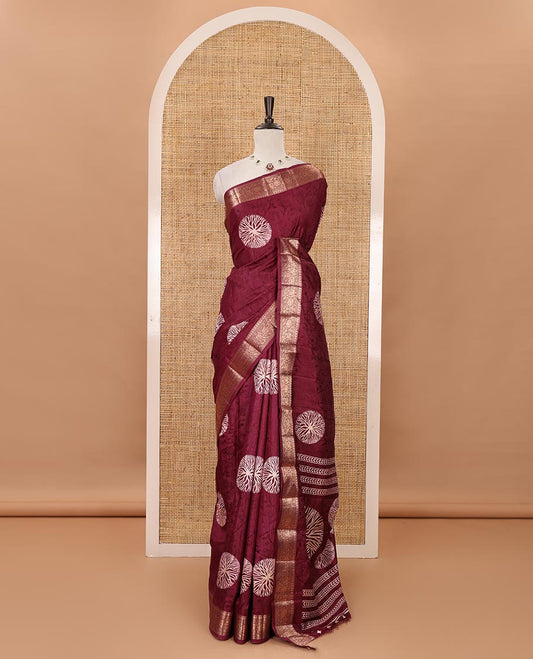 Jamun pink shibori printed fancy tussar saree, traditional zari border, shibori printed pallu & matching printed blouse with zari border