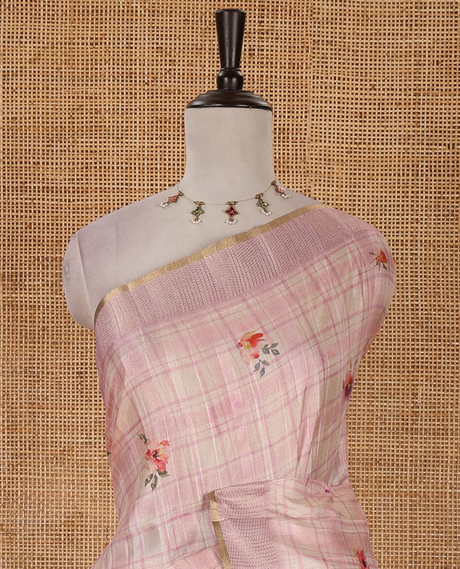 Pink Burberry checked & floral printed fancy tussar silk saree, zari woven border & zari checked pallu & matching blouse of striped & floral print
