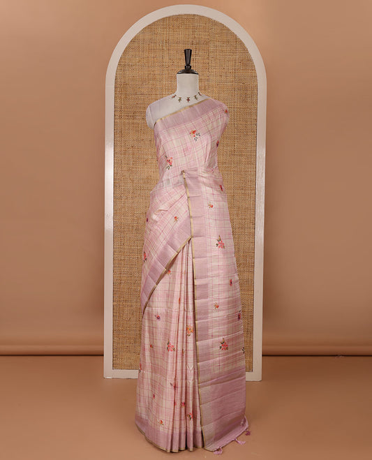 Pink Burberry checked & floral printed fancy tussar silk saree, zari woven border & zari checked pallu & matching blouse of striped & floral print