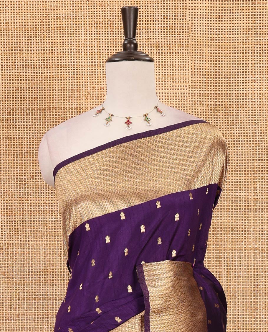 Purple zari buttas dola silk saree, vanki zari border, checked blouse & pallu of iruthalai pakshi, kuthirai, kili & yaanai designs