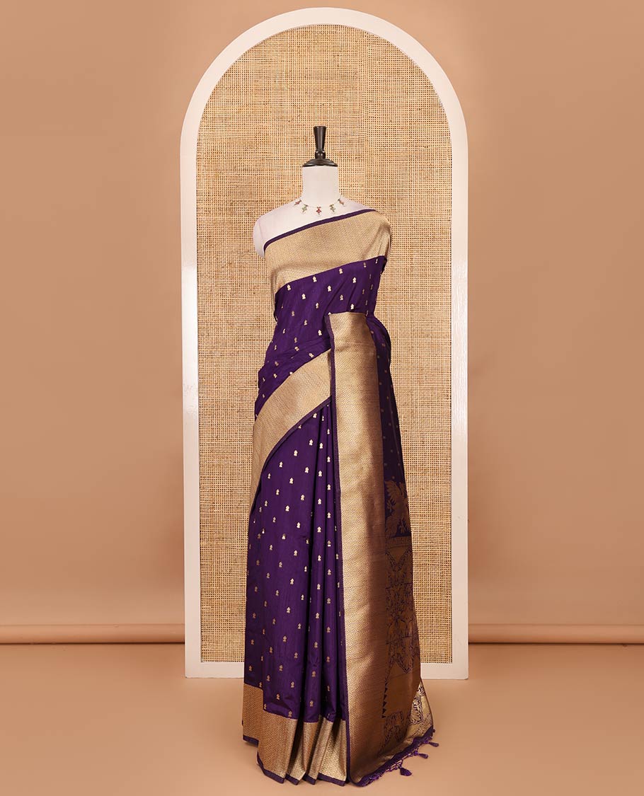 Purple zari buttas dola silk saree, vanki zari border, checked blouse & pallu of iruthalai pakshi, kuthirai, kili & yaanai designs