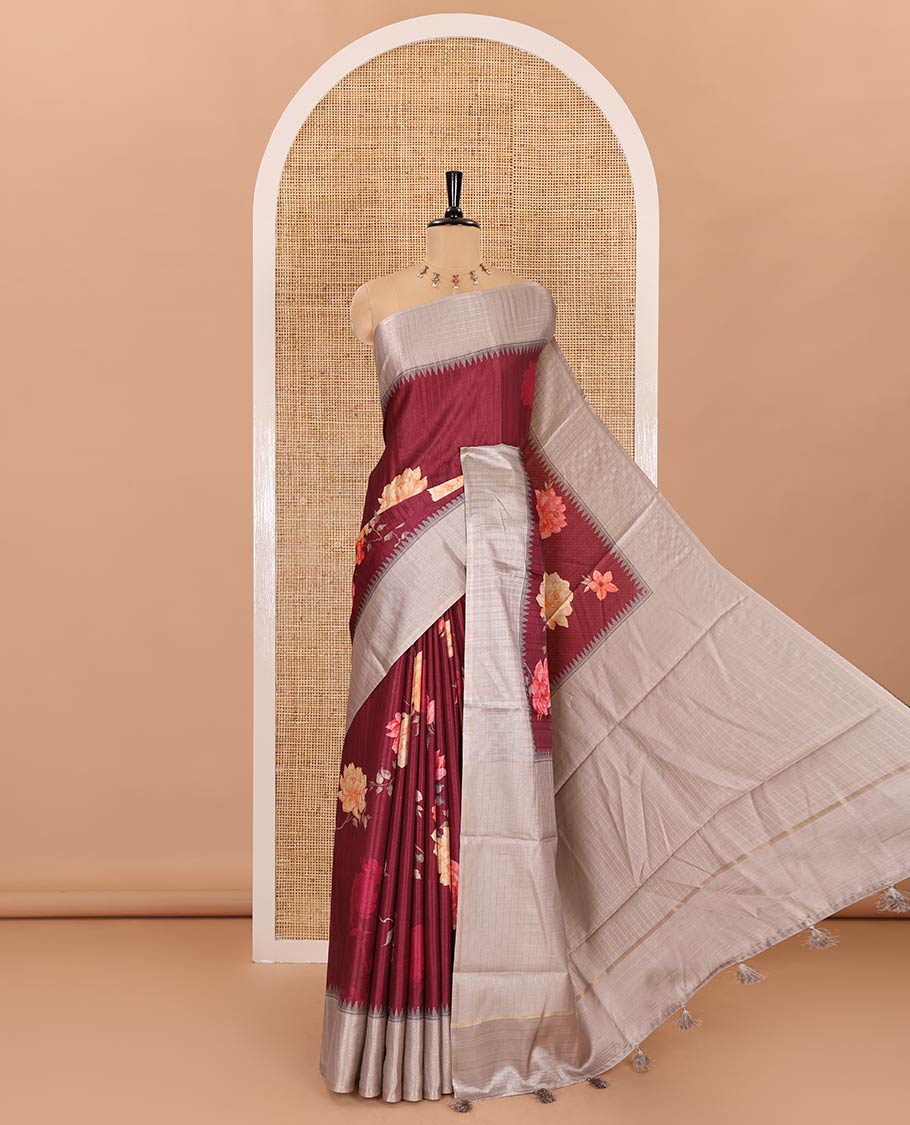 Wine floral motifs printed fancy tussar saree, contrast temple checked border, checked pallu, and a contrast checks and floral printed blouse