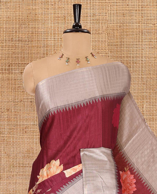 Wine floral motifs printed fancy tussar saree, contrast temple checked border, checked pallu, and a contrast checks and floral printed blouse