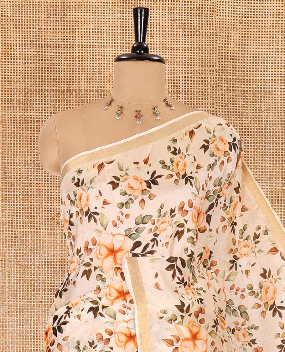 Half-white floral motifs digital printed banana pith saree, piping border, striped pallu, and floral printed blouse