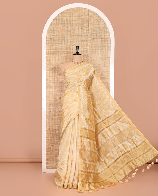 Gold tree motifs printed banana pith saree, zari piping border, floral printed pallu, and a matching printed blouse